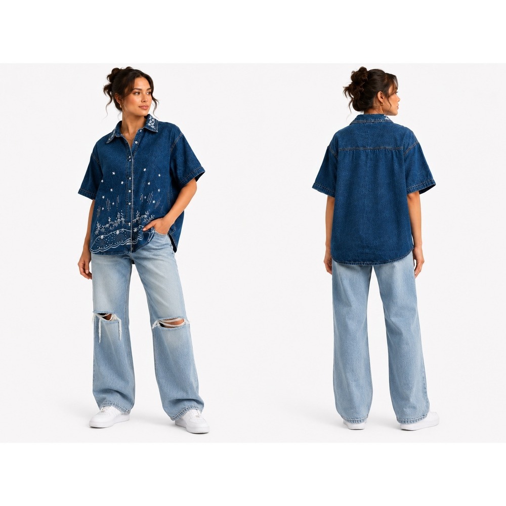 Club Z Denim Button Up Women 26 Blue Embroidered Cottagecore